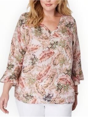 J. Jill Love Linen V-Neck Top Flounced Sleeve Size XS Soft Rose Palms Tropical